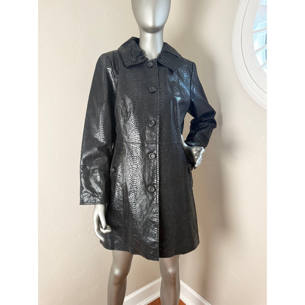 Bradley Bayou Vintage Black Snakeskin Embossed Leather Mid-Length Button Up Coat